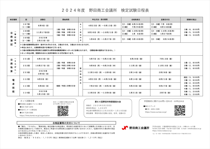 野田商工会議所　2024年度検定試験日程表